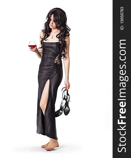 The girl in a black dress with a wine glass