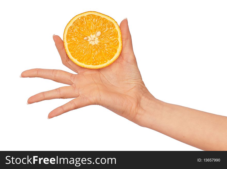 Orange in the woman's hand for keping the diet