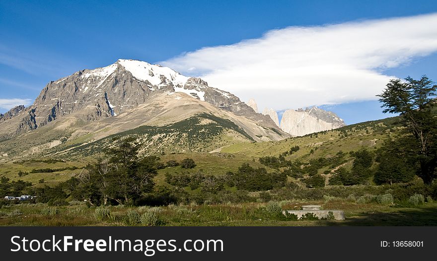 A mountain range in Patagonia's Torres Del Paine NP, set against a beautiful blue sky. A mountain range in Patagonia's Torres Del Paine NP, set against a beautiful blue sky.