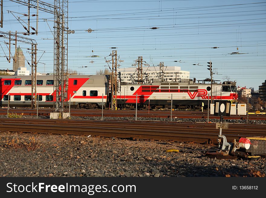 Commuter train arriving in Helsinki central railway station, Finland