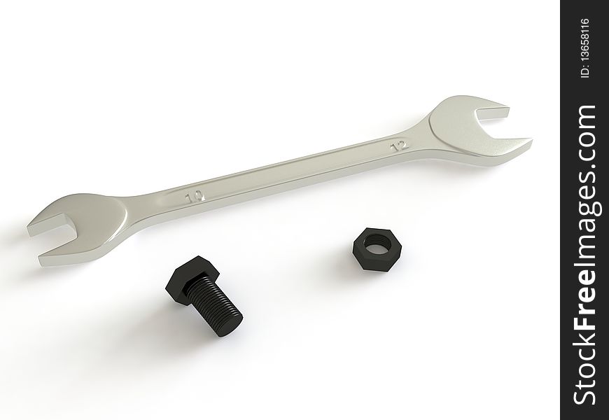 3D render of a wrench with a nut and a bolt