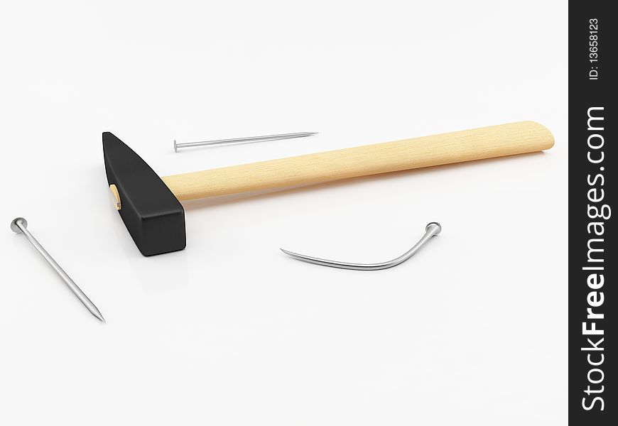 3D render of a hammer with nails. 3D render of a hammer with nails