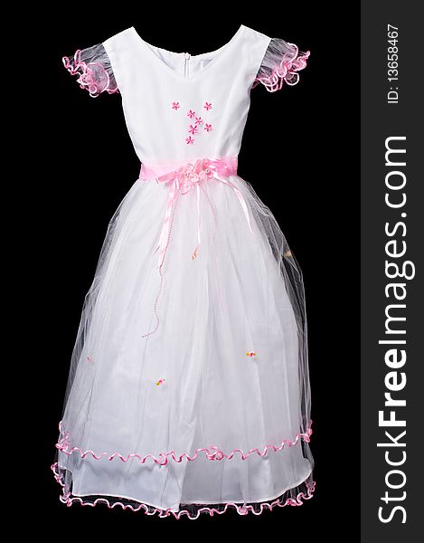 White and pink flower girl wedding dress on black background with vector path.