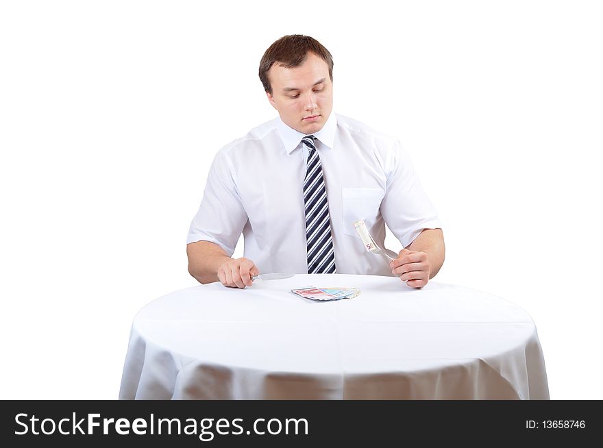 Business man eat euro on lunch, isolated white background. Business man eat euro on lunch, isolated white background.