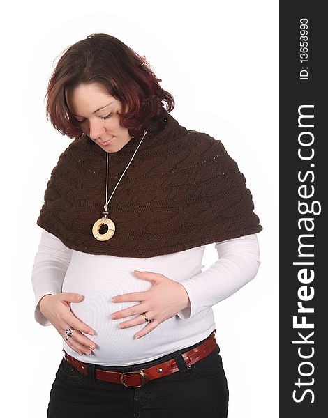 Pregnant woman holding belly on white background