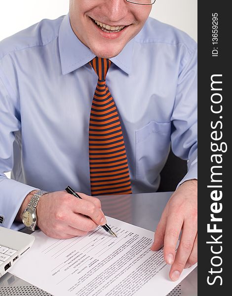 Businessman signing document with pen, isolated
