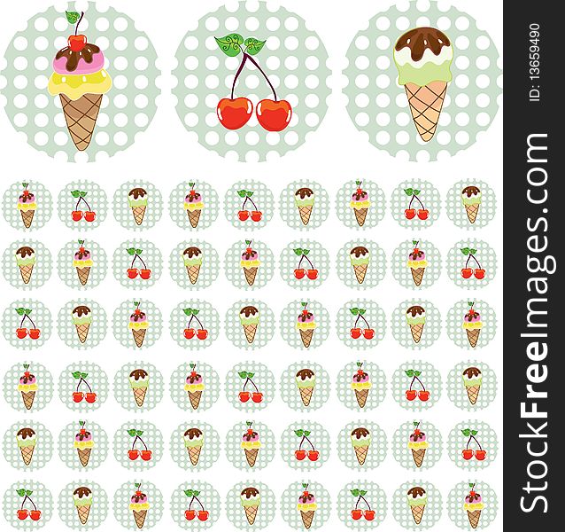 Bright color background with ice-cream and cherry over white