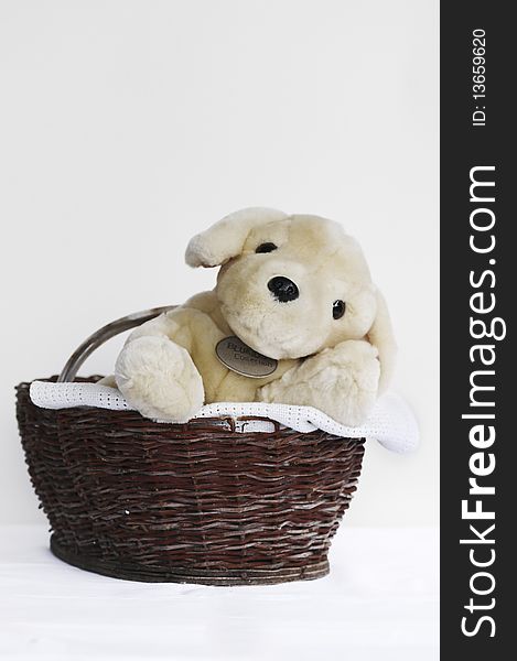 Plush toy dog in basket