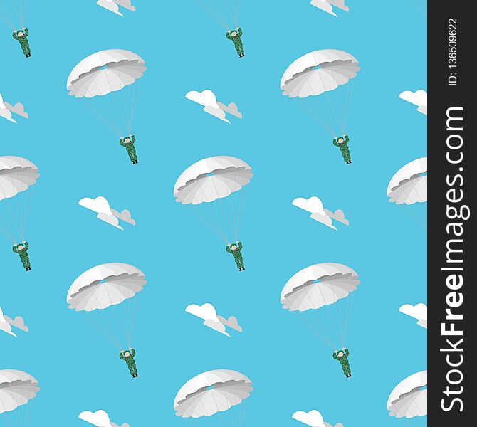 Military paratroopers in the blue sky.. The landing of the air forces. Seamless pattern