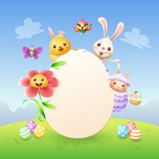 Easter Greeting Card Template - Easter Bunny, Chicken, Flower, Sheep Bee-eater Bird And Butterfly Celebrate Easter Around Egg - Sp Stock Photo
