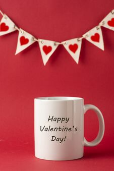Cup With Happy Valentine S Day Inscription, Words For Valentines Day On Red Background. Love Celebration Stock Image