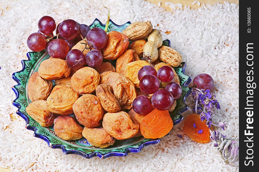 Dried apricots, grape on the plate