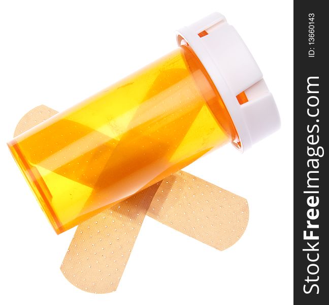 Prescription bottle with band aids for health care and medicine themes. Isolated on white with a clipping path. Prescription bottle with band aids for health care and medicine themes. Isolated on white with a clipping path.