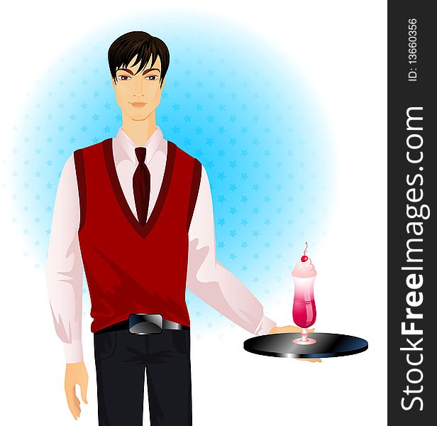 Young beautiful waiter holds a cocktail on a tray