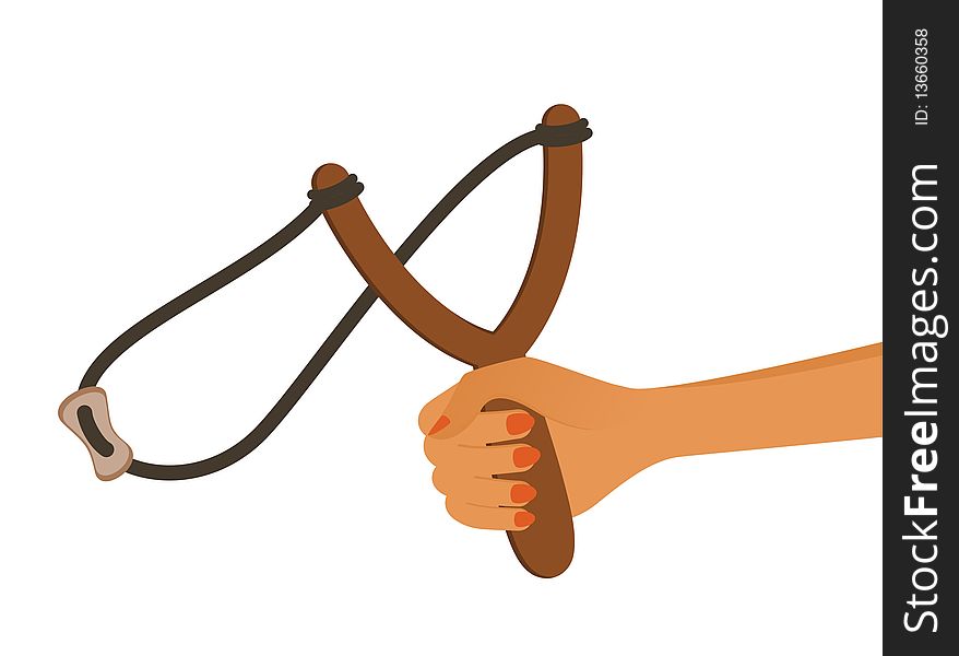 Cartoon child's hand with a slingshot on a white background