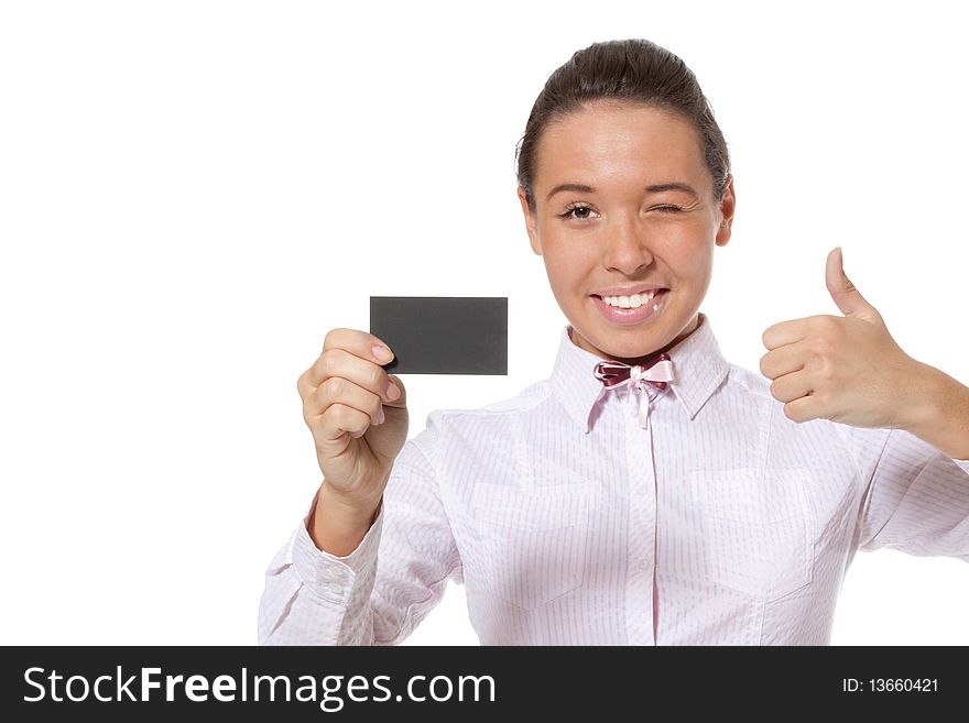 Attractive young woman holding black bussinesscard