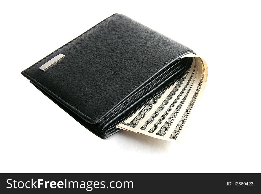 Black leather wallet with dollars white isolated