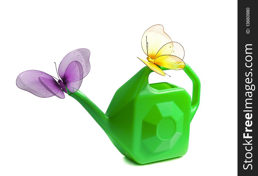 Watering can with butterflies isolated on white background
