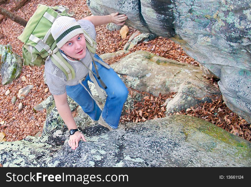 Man Hiking In The Forest