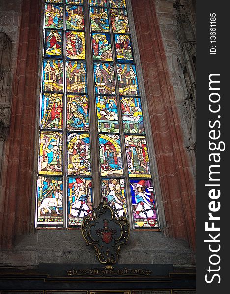 Colorful window in the church called Sebaldus Kirche in Nuremberg Germany. This church is one of the most prominent historical churches in Nuremberg. Colorful window in the church called Sebaldus Kirche in Nuremberg Germany. This church is one of the most prominent historical churches in Nuremberg.