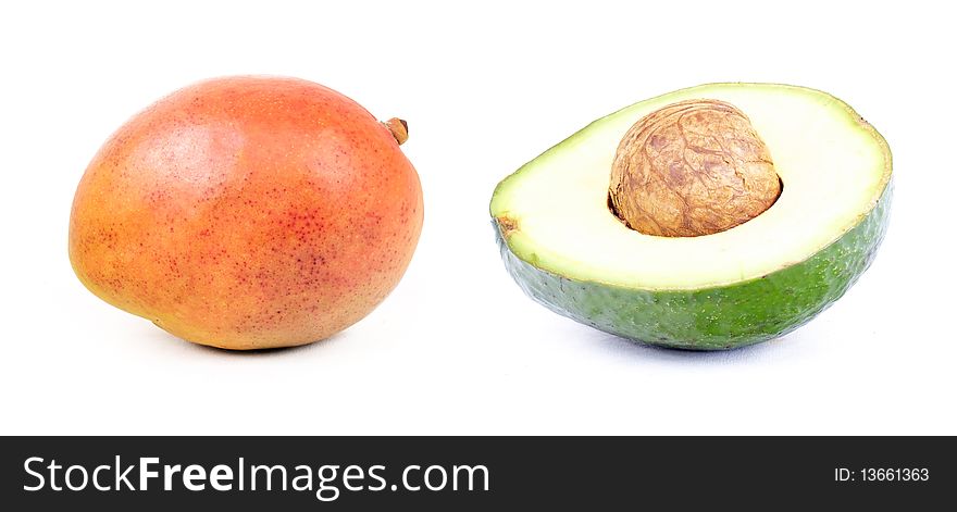 Mango And Cutted Avocado  On White