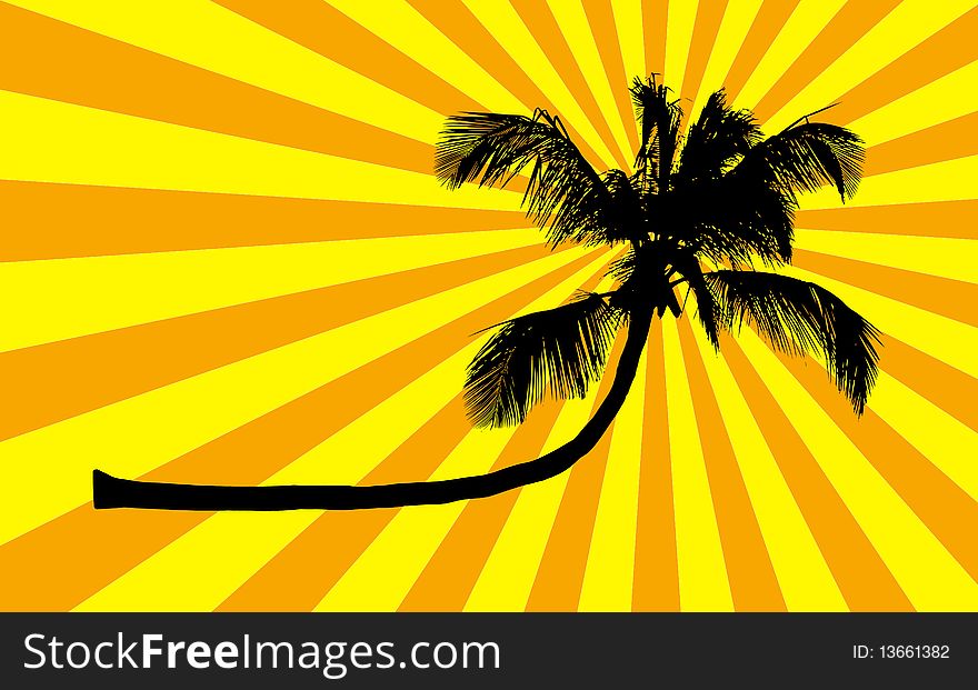 Silhouette of palm tree on orange stripes background, illustration. Silhouette of palm tree on orange stripes background, illustration