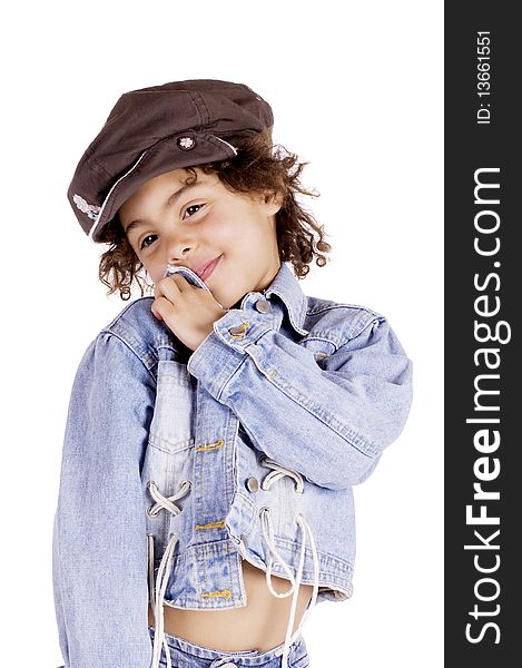 Cute mulatto kid with denim jacket and a hat. Cute mulatto kid with denim jacket and a hat