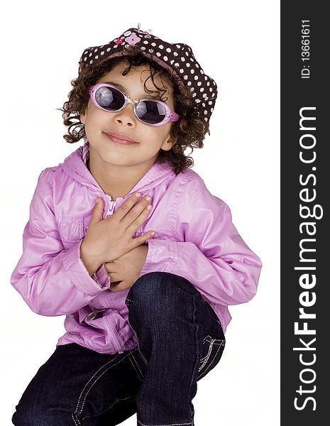 Cute afro american girl wearing pink jacket and sunglasses. Cute afro american girl wearing pink jacket and sunglasses
