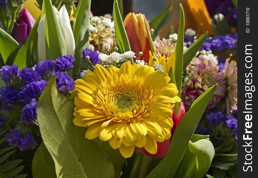 Bunches of selected flowers for sale at the flower market in spring. Bunches of selected flowers for sale at the flower market in spring.