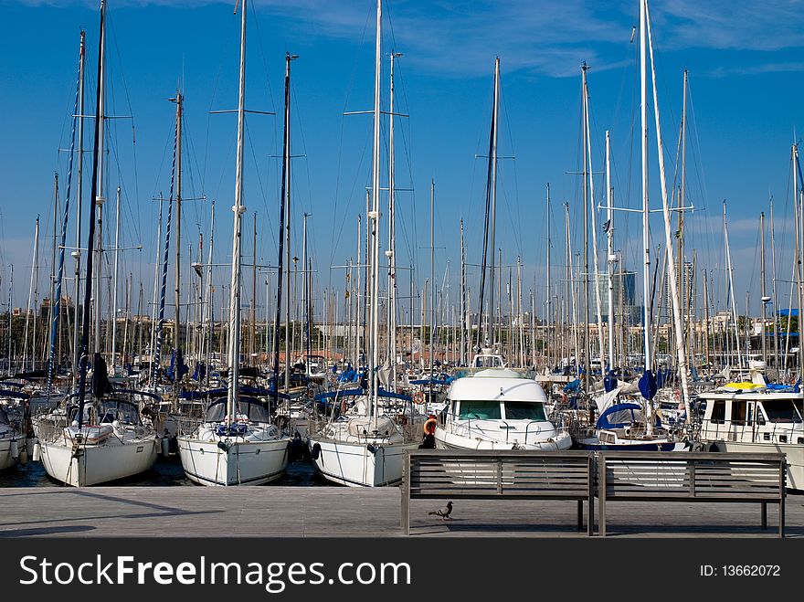 Sailboats moored at the Port Veil in Barcelona, Spain