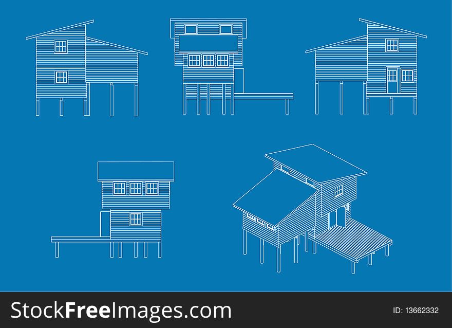 Blue print style illustration of cabin style home. Blue print style illustration of cabin style home