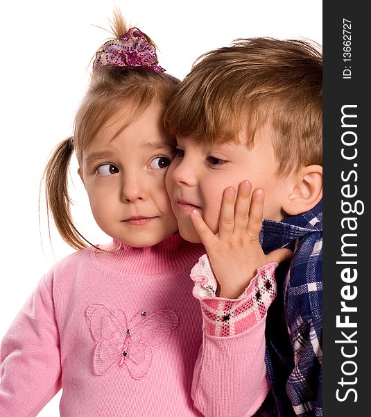 Portrait of emotionally kids. Beautiful caucasian models isolated on white background.