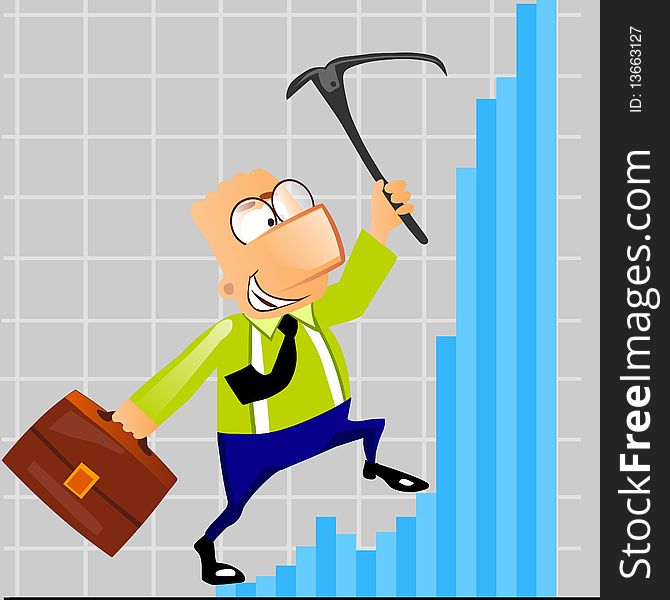 Illustration of businessman with a briefcase climbs to a frozen financial diagram. Business diagram concept. Illustration of businessman with a briefcase climbs to a frozen financial diagram. Business diagram concept.