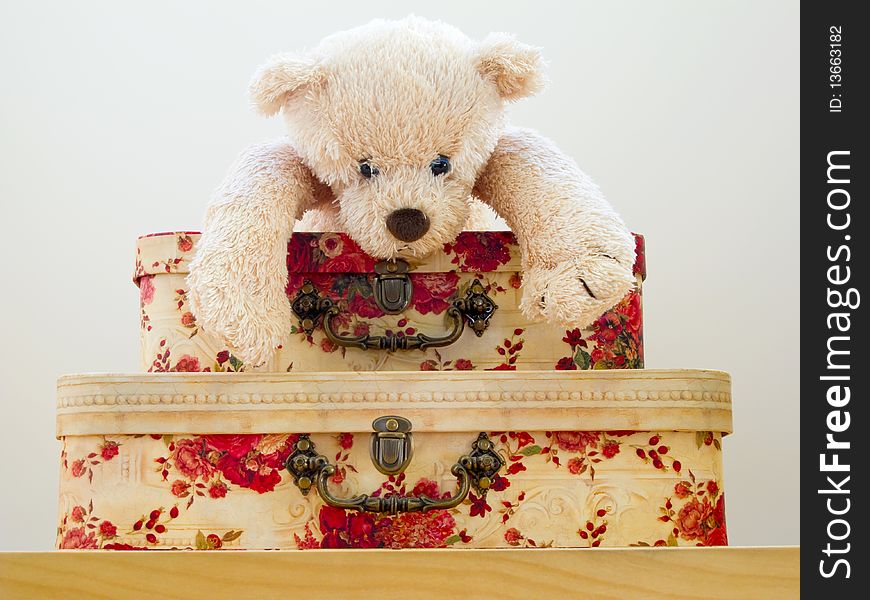 Adorable child's Teddy Bear laying on floral gift boxes. Adorable child's Teddy Bear laying on floral gift boxes.