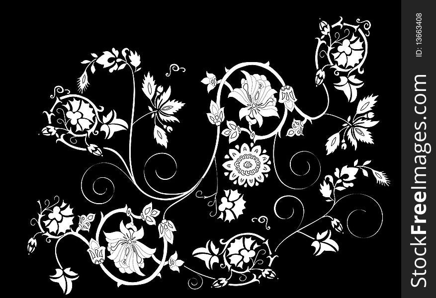 Drawing of white flower pattern in a black background