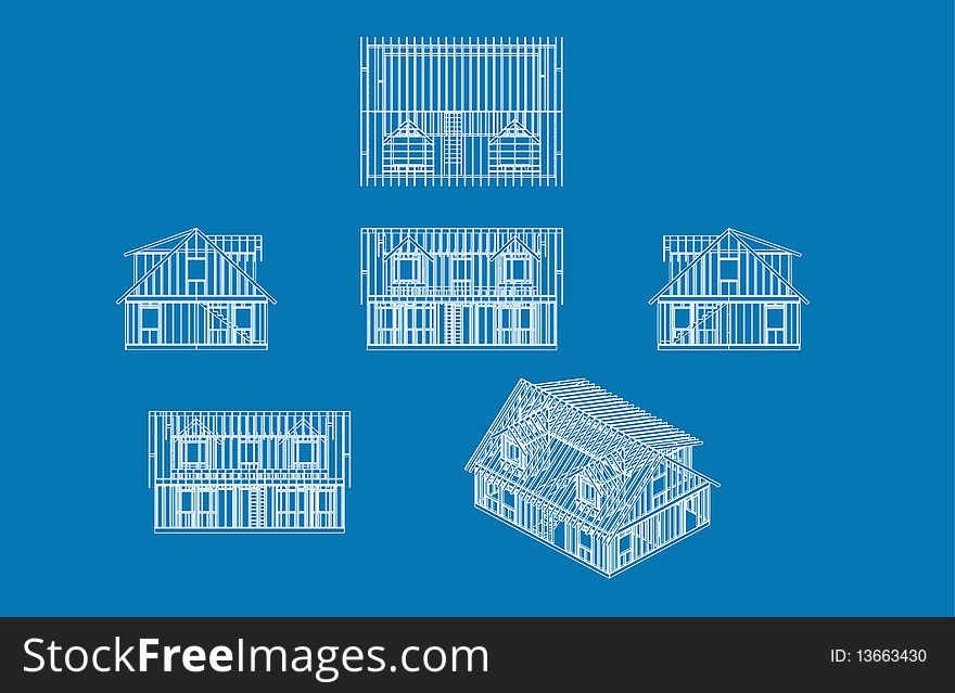 Blue print style illustration of a cape style house. Blue print style illustration of a cape style house.