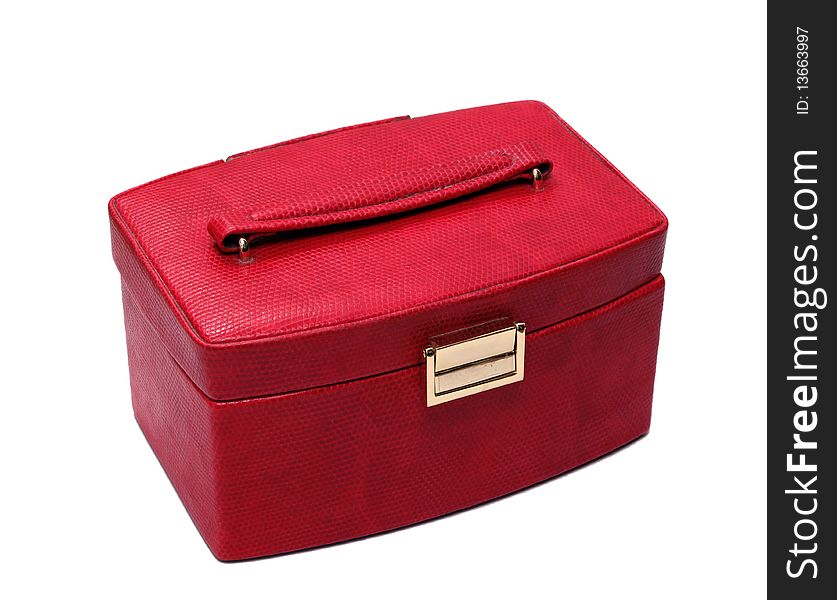 Red casket with handle.