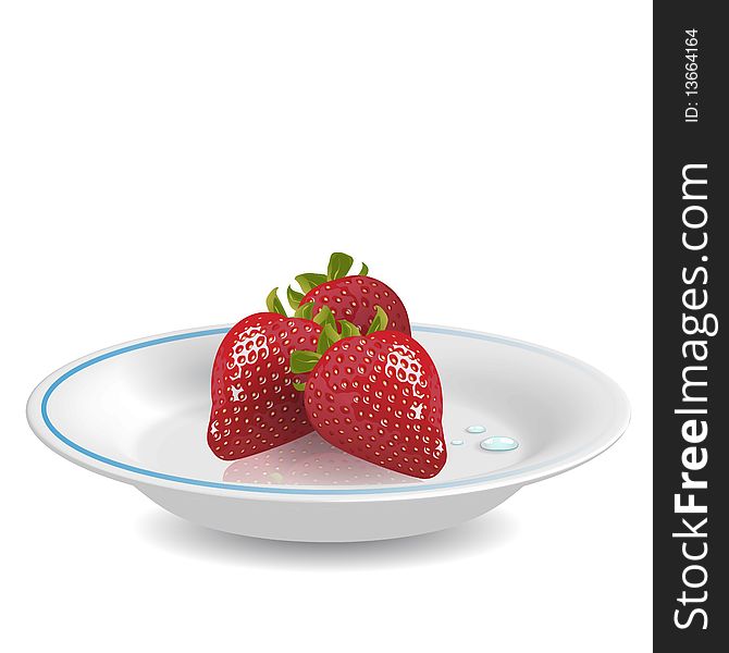 Illustration, red strawberry on white saucer with blue border. Illustration, red strawberry on white saucer with blue border