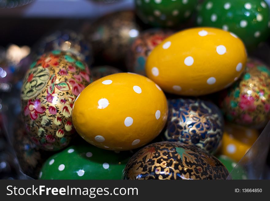 Yellow with white spots easter eggs among other colors. Yellow with white spots easter eggs among other colors
