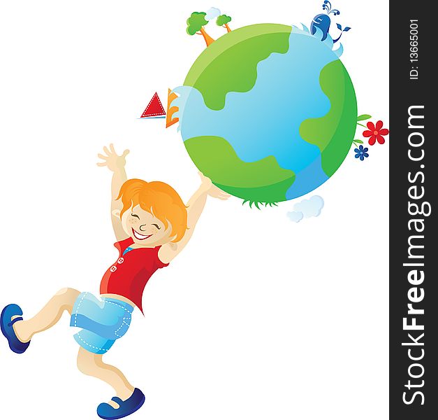 The cheerful boy holding in the hands a planet Earth. Vector will be aditional. The cheerful boy holding in the hands a planet Earth. Vector will be aditional