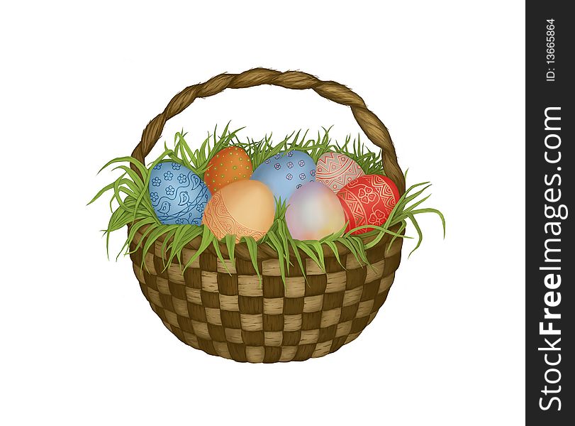 Basket with Easter eggs isolated on white