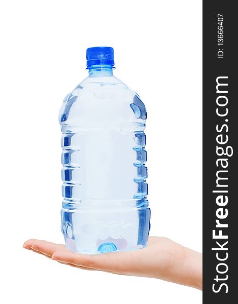 Hand with bottle of water isolated on white background