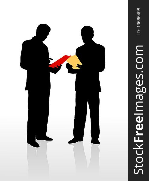 2 businessman reads document, vector  illustration