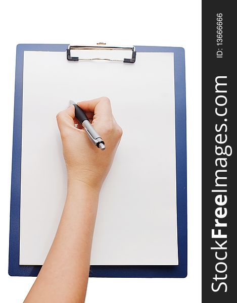 Clipboard and hand on a white background