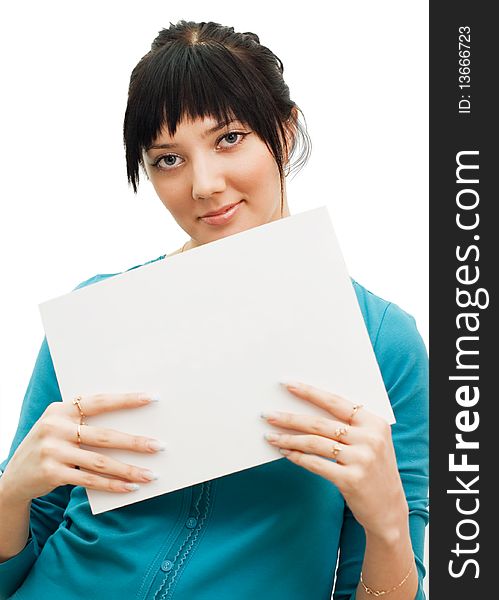 Woman showing a blank sheet of paper