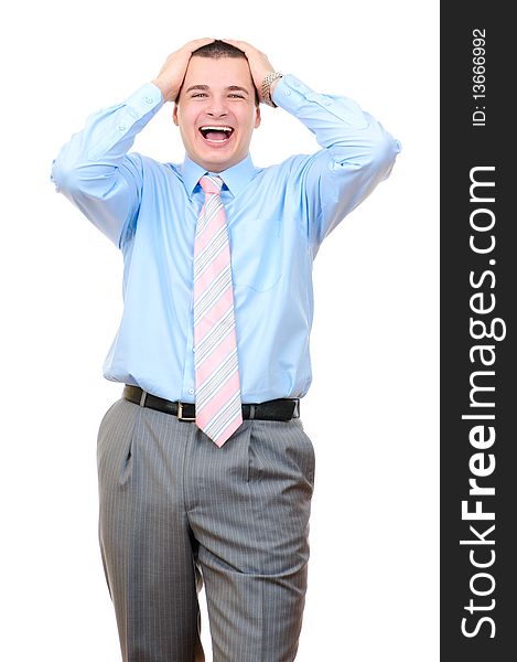 Happy businessman touching head isolated on white background