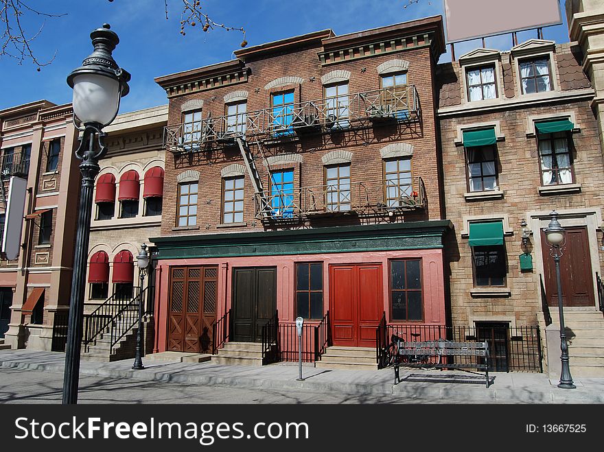 American old fashioned street, lampposts, and houses. American old fashioned street, lampposts, and houses.