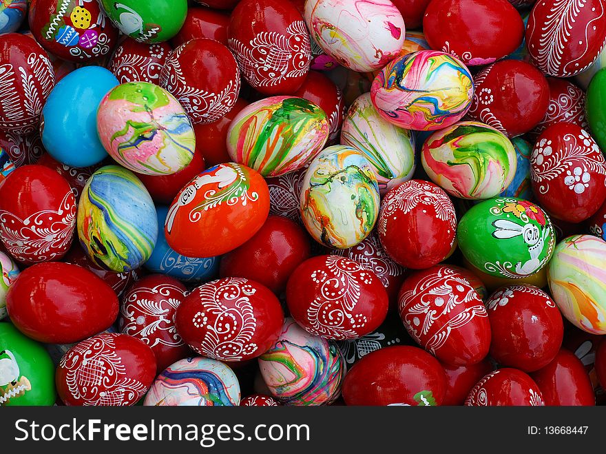 Many traditional colorful easter eggs