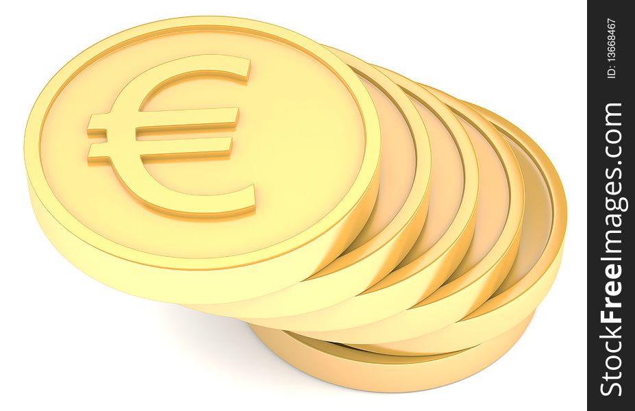 Gold coins with euro sign isolated on white