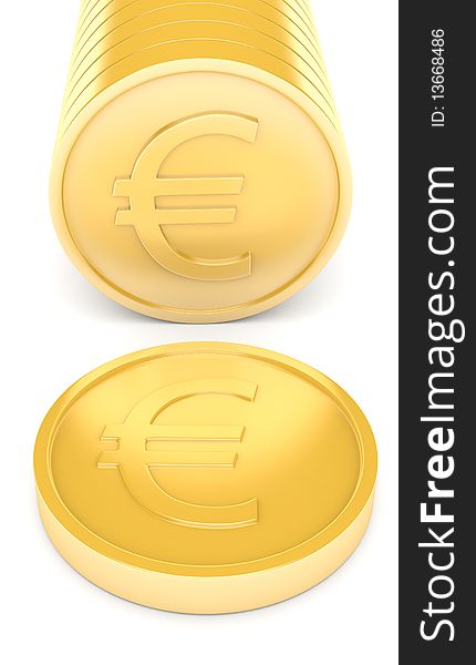 Gold coins with euro sign isolated on white